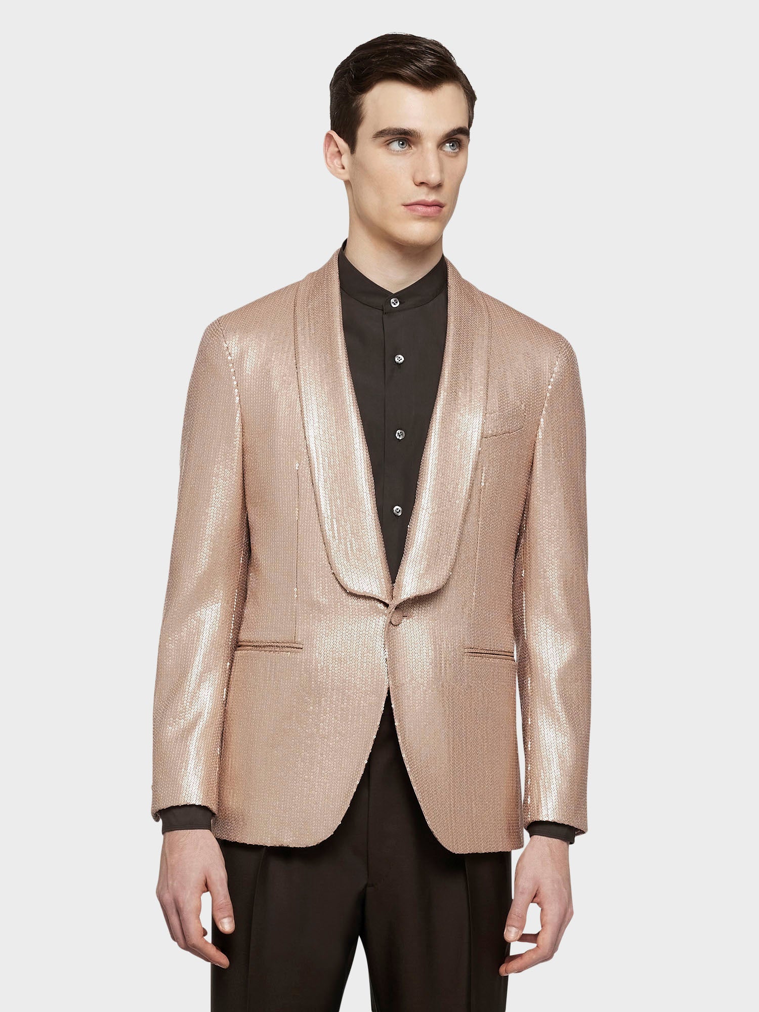 Caruso Menswear Abbigliamento Uomo Giacca aida in lana tecnica con paillettes rosa indossato front