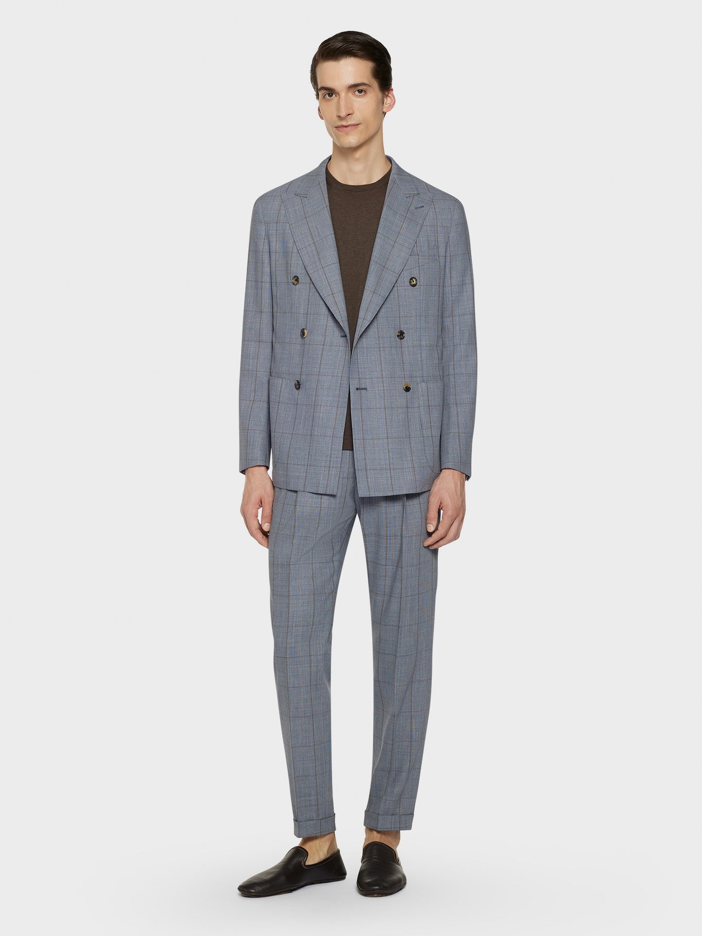 Caruso Menswear Abbigliamento Uomo Pantaloni Pantalone carrot-fit in lana zelander twist glen check azzurro look 2
