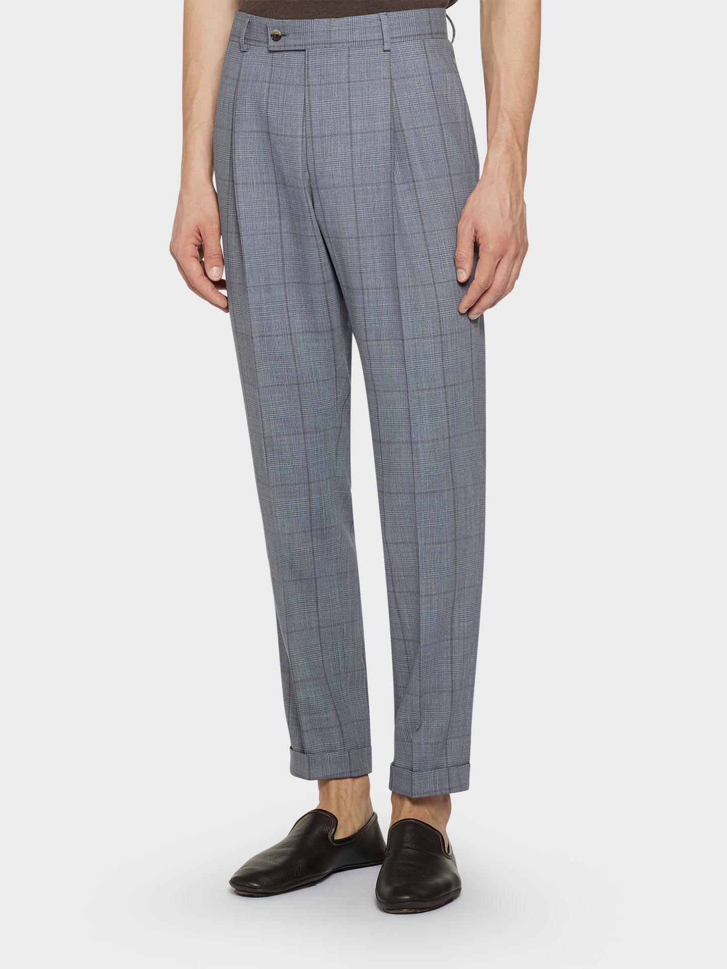 Caruso Menswear Abbigliamento Uomo Pantaloni Pantalone carrot-fit in lana zelander twist glen check azzurro look 1