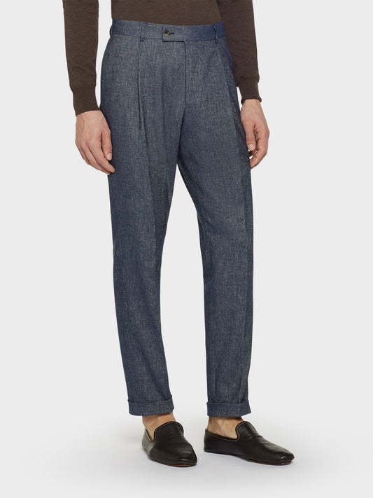 Caruso Menswear Abbigliamento Uomo Pantaloni Pantalone carrot-fit in lino e cotone blu denim look 1