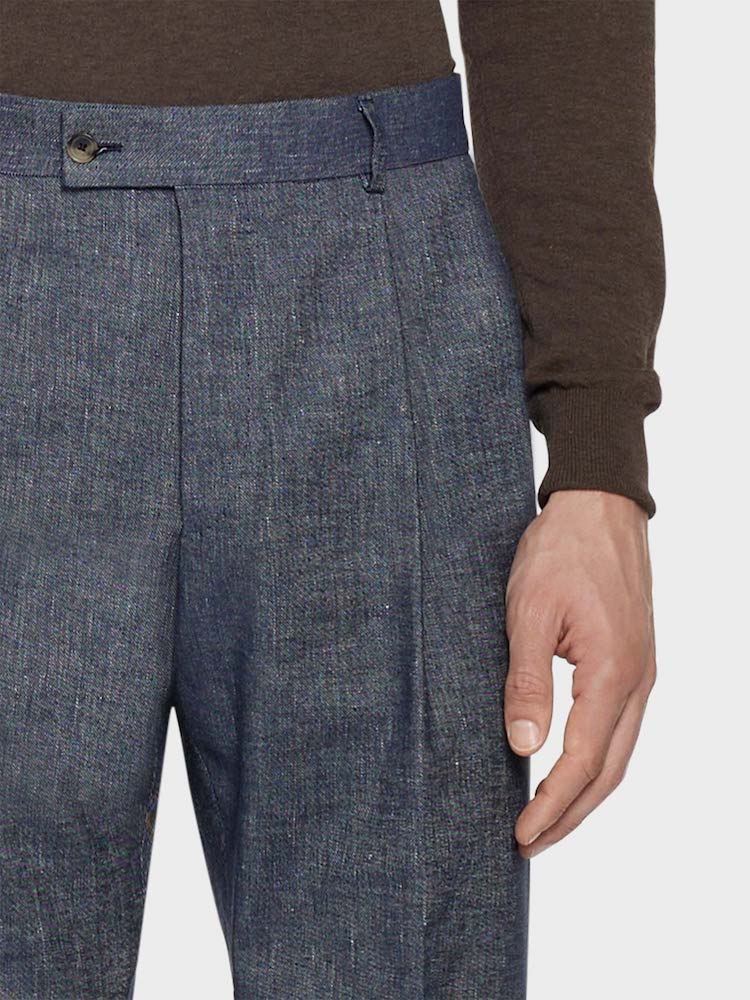 Caruso Menswear Abbigliamento Uomo Pantaloni Pantalone carrot-fit in lino e cotone blu denim look 5