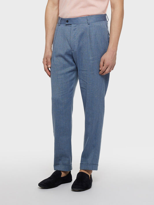 Caruso Menswear Abbigliamento Uomo Pantaloni Pantalone carrot fit in lino e lana blu denim look 3