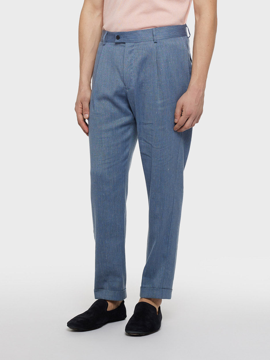 Caruso Menswear Abbigliamento Uomo Pantaloni Pantalone carrot fit in lino e lana blu denim look 3