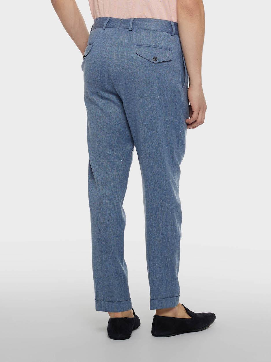 Caruso Menswear Abbigliamento Uomo Pantaloni Pantalone carrot fit in lino e lana blu denim look 4