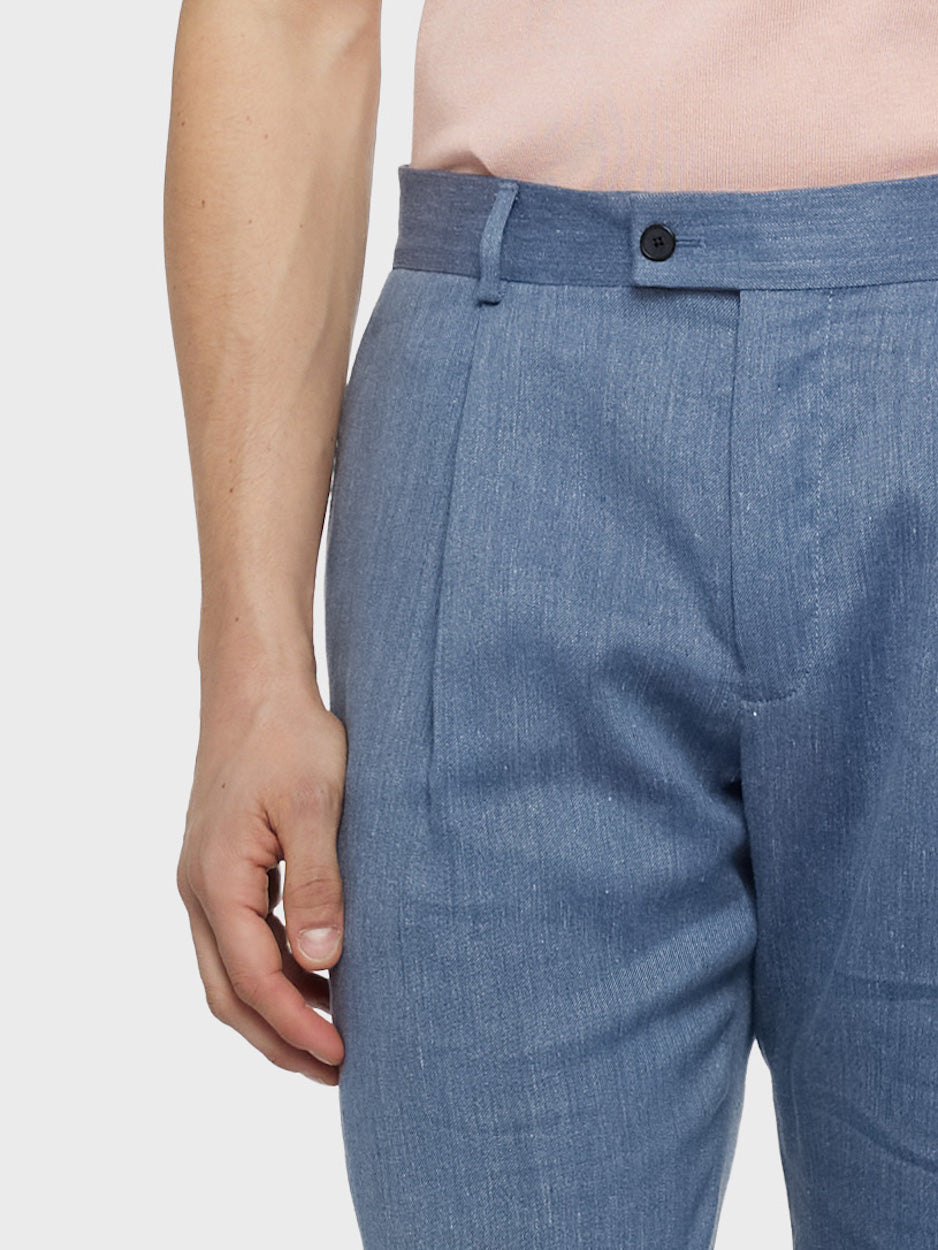Caruso Menswear Abbigliamento Uomo Pantaloni Pantalone carrot fit in lino e lana blu denim look 5