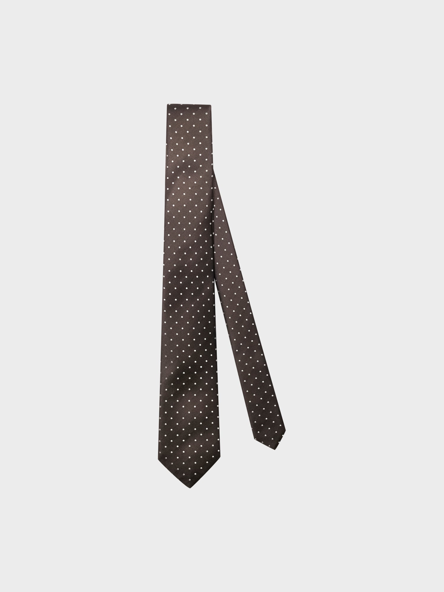 Caruso Menswear Abbigliamento Uomo Accessori Cravatta classica sette pieghe in seta jacquard marrone con pois bianchi look 1
