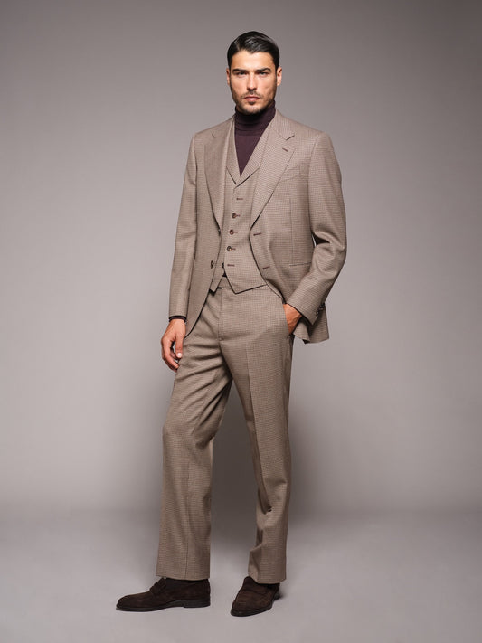 Abito Carmen monopetto con gilet in lana pied-de-poule marrone