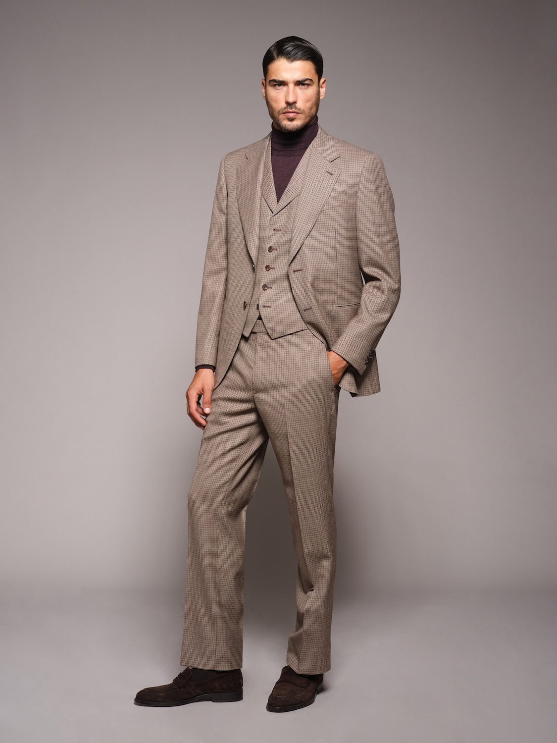 Abito Carmen monopetto con gilet in lana pied-de-poule marrone