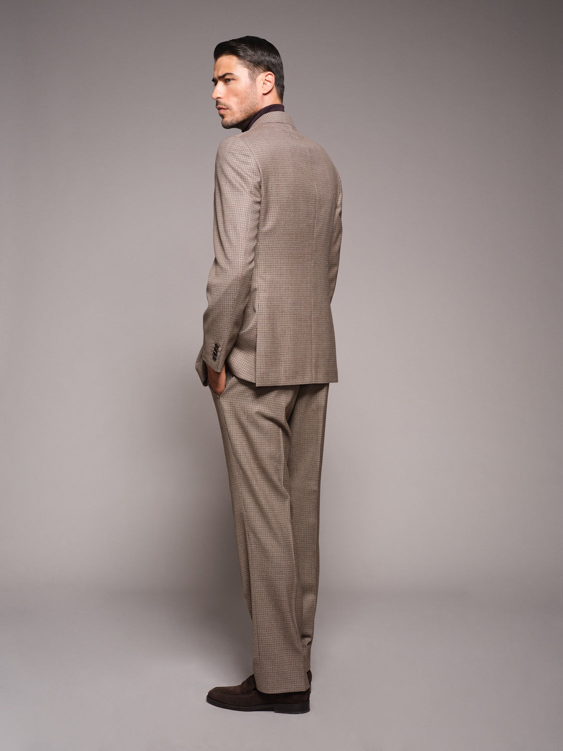 Abito Carmen monopetto con gilet in lana pied-de-poule marrone