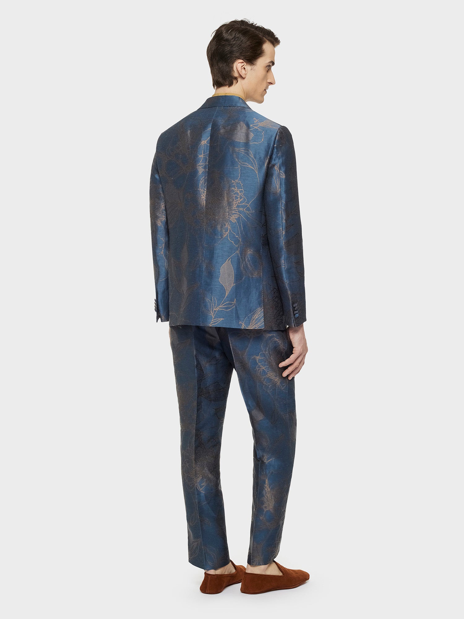 Caruso Menswear Abbigliamento Uomo Abiti Abito norma doppiopetto jacquard in lino e seta blu look 3