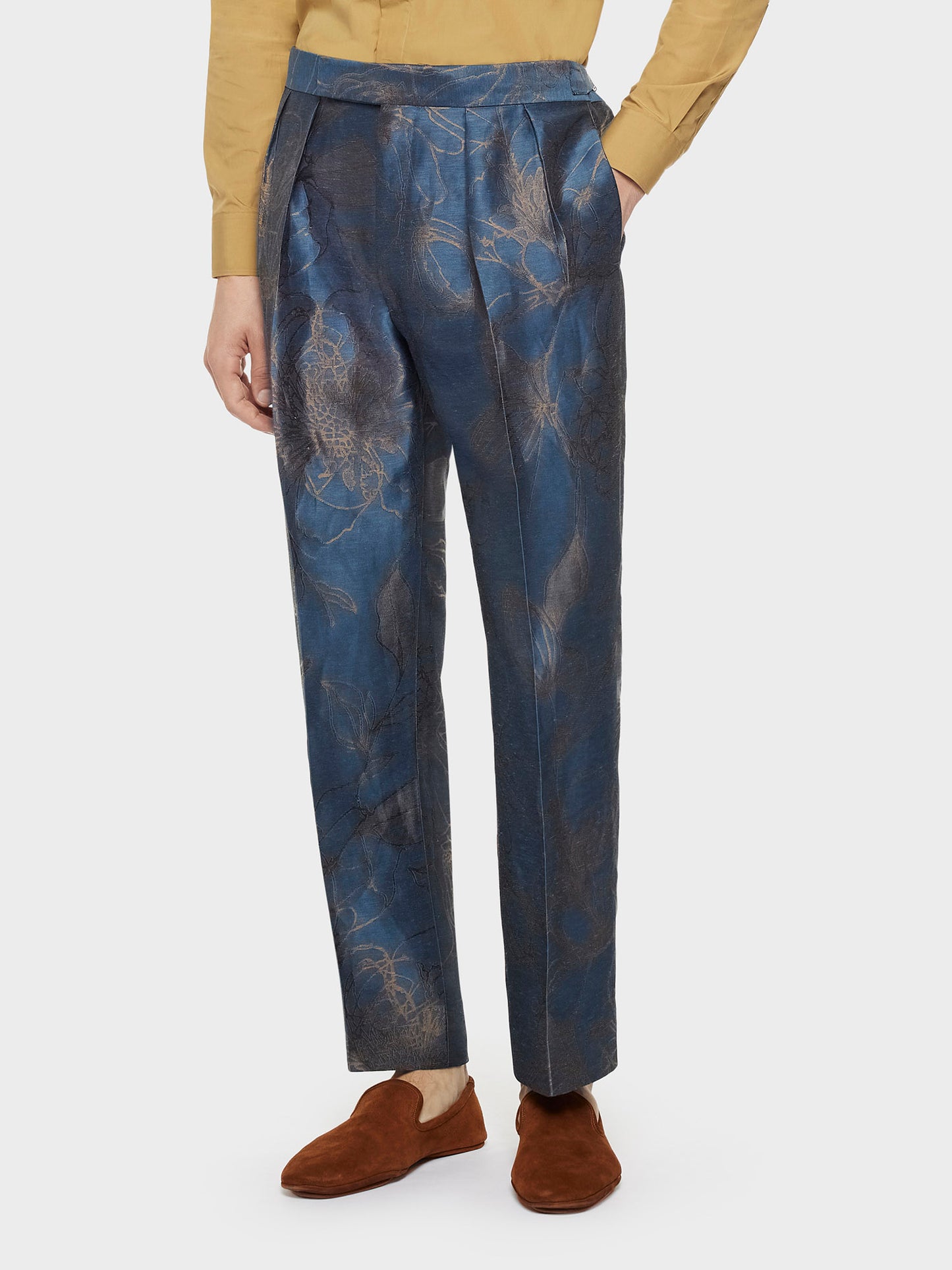 Caruso Menswear Abbigliamento Uomo Abiti Abito norma doppiopetto jacquard in lino e seta blu look 4