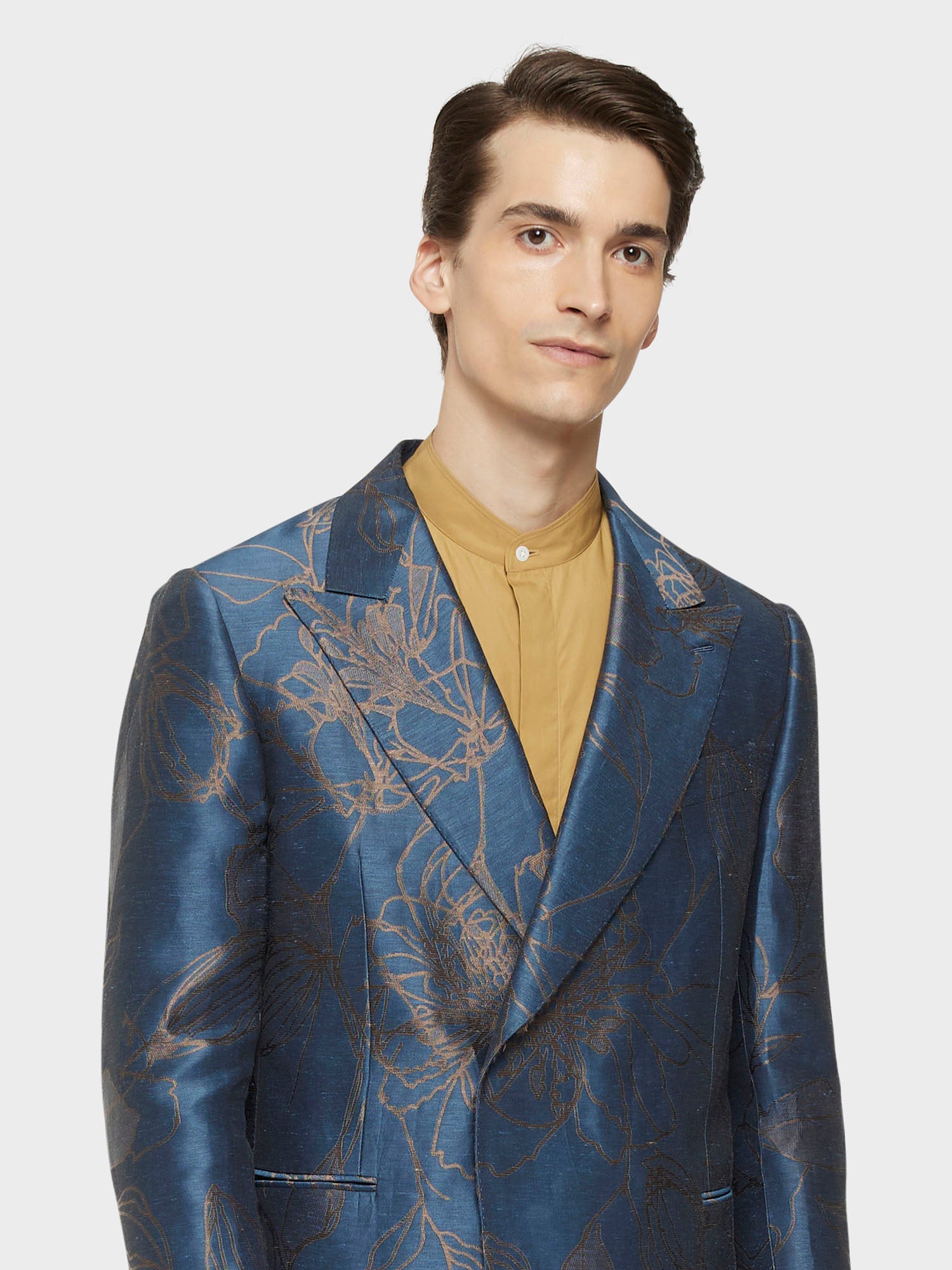 Caruso Menswear Abbigliamento Uomo Abiti Abito norma doppiopetto jacquard in lino e seta blu look 5
