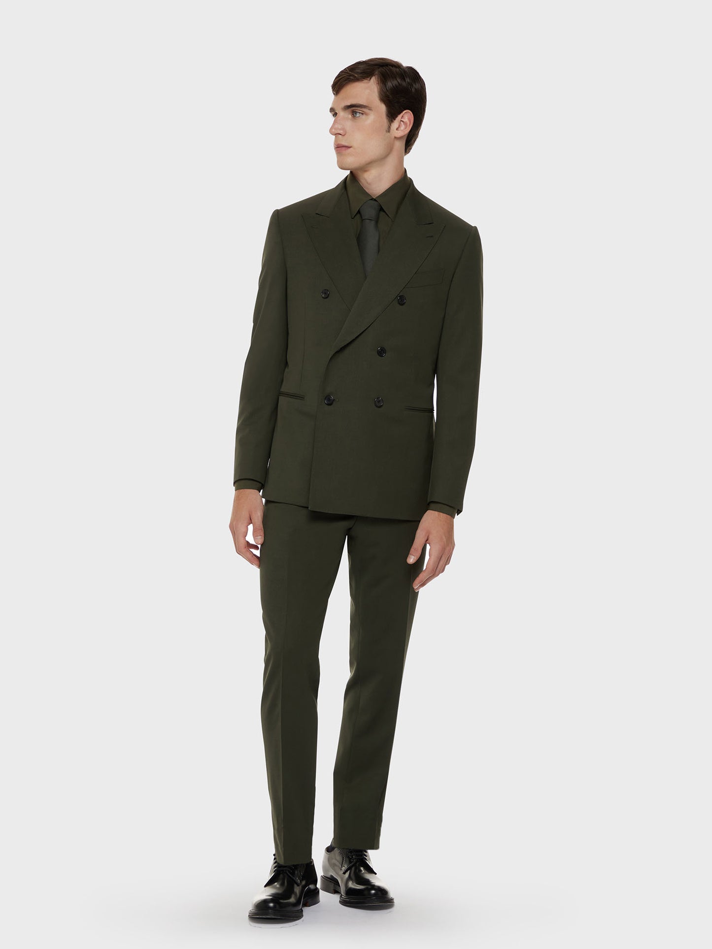 Caruso Menswear Abbigliamento Abito da Uomo Sartoriale Abito norma doppiopetto in lana tecnica verde drop 7R total look