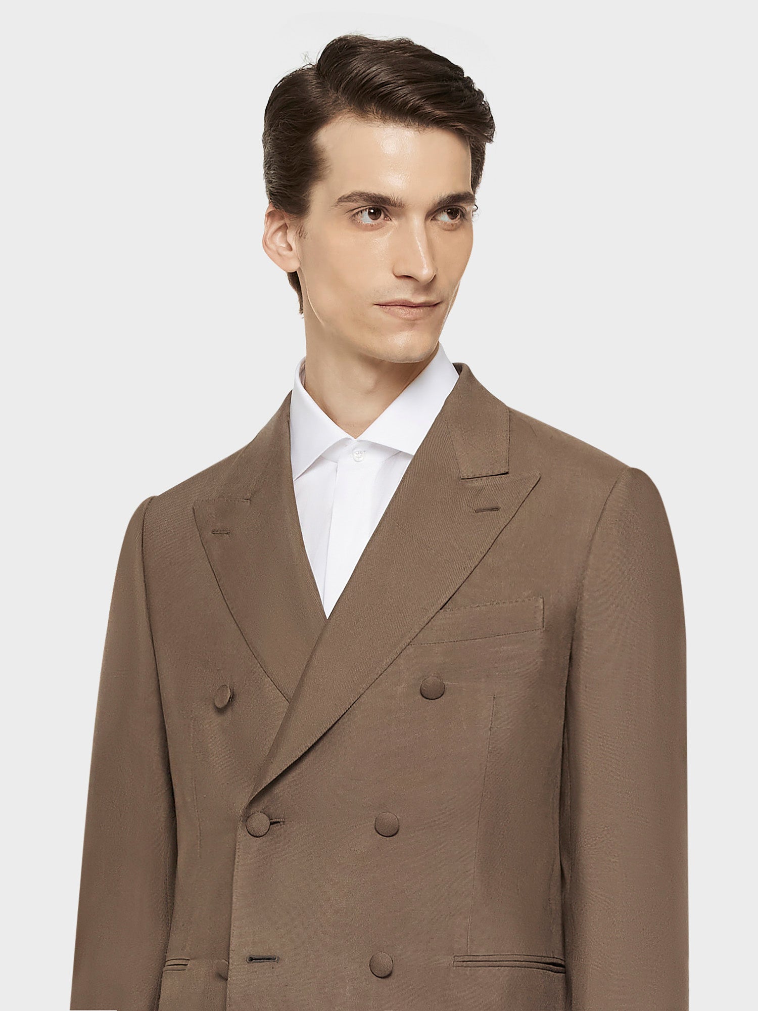 Caruso Menswear Abbigliamento Uomo Abiti Abito norma doppiopetto in shantung di seta color tartufo look 5