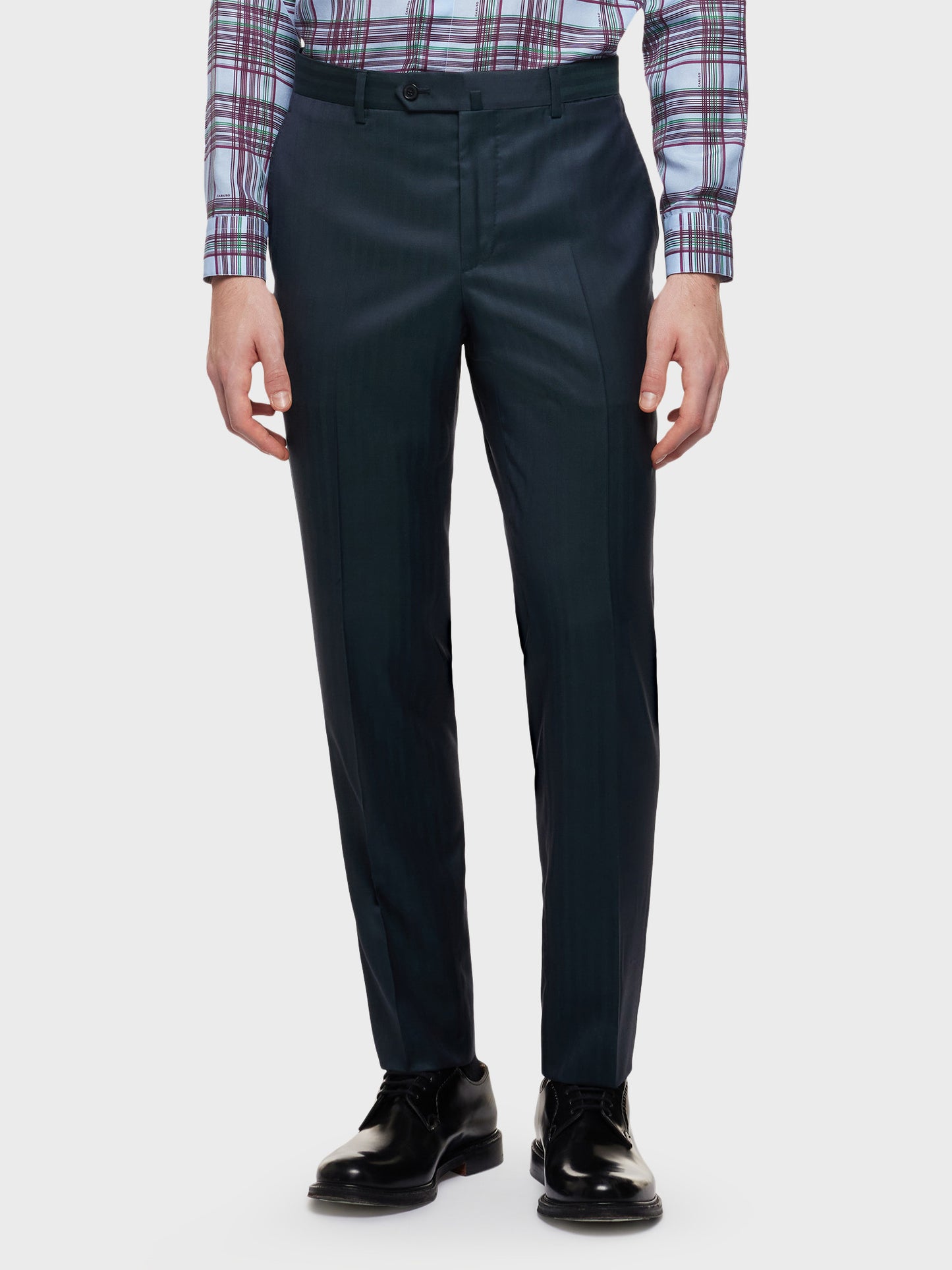 Caruso Menswear Abbigliamento Uomo Abito norma doppiopetto in solaro di lana e seta verde indossato pantalone