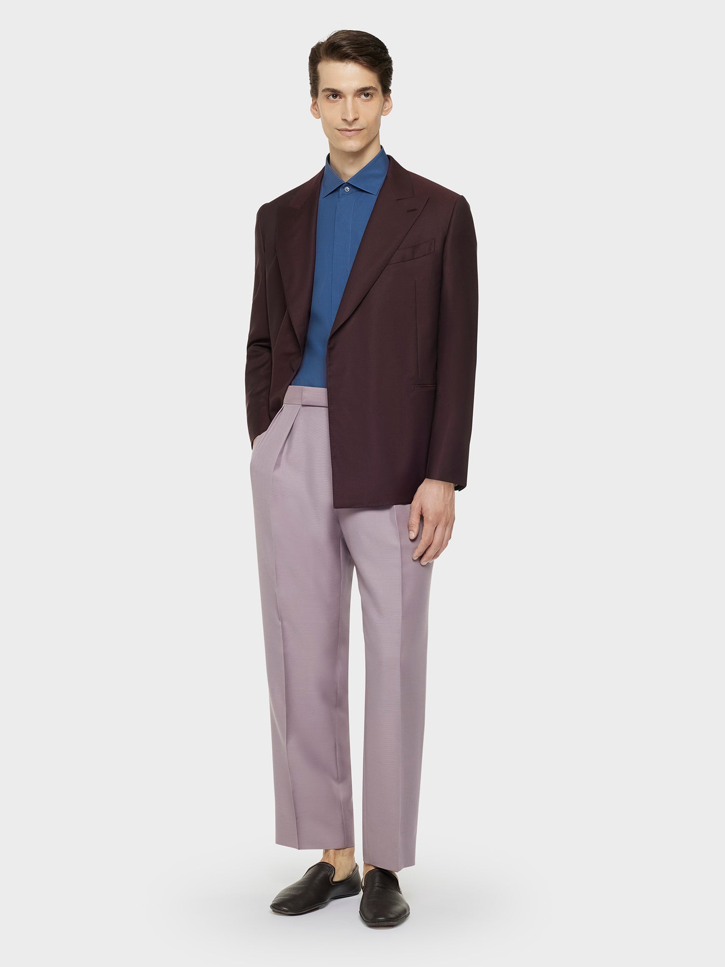 Caruso Menswear Abbigliamento Uomo Giacche Giacca norma doppiopetto in lana e seta bordeaux scuro look 1