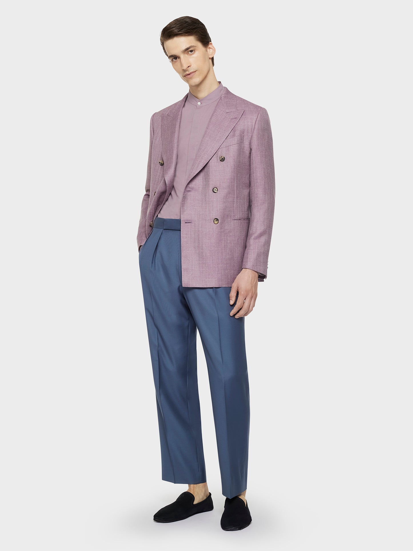 Caruso Menswear Abbigliamento Uomo Giacche Giacca norma doppiopetto in lana seta e lino malva look 1