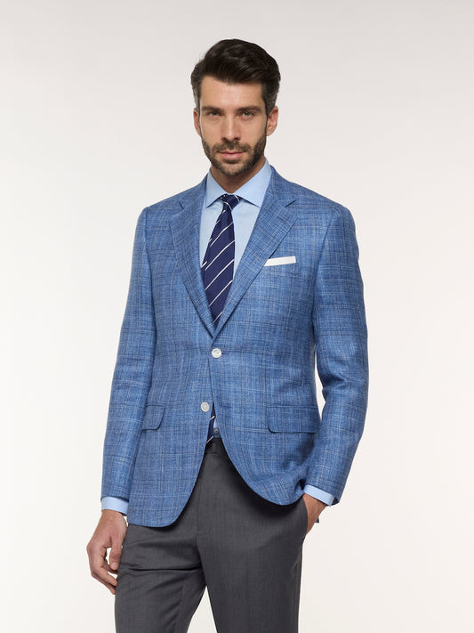 Caruso Menswear Abbigliamento Uomo Giacche Giacca macbeth in lana seta lino quadri azzurra look 3