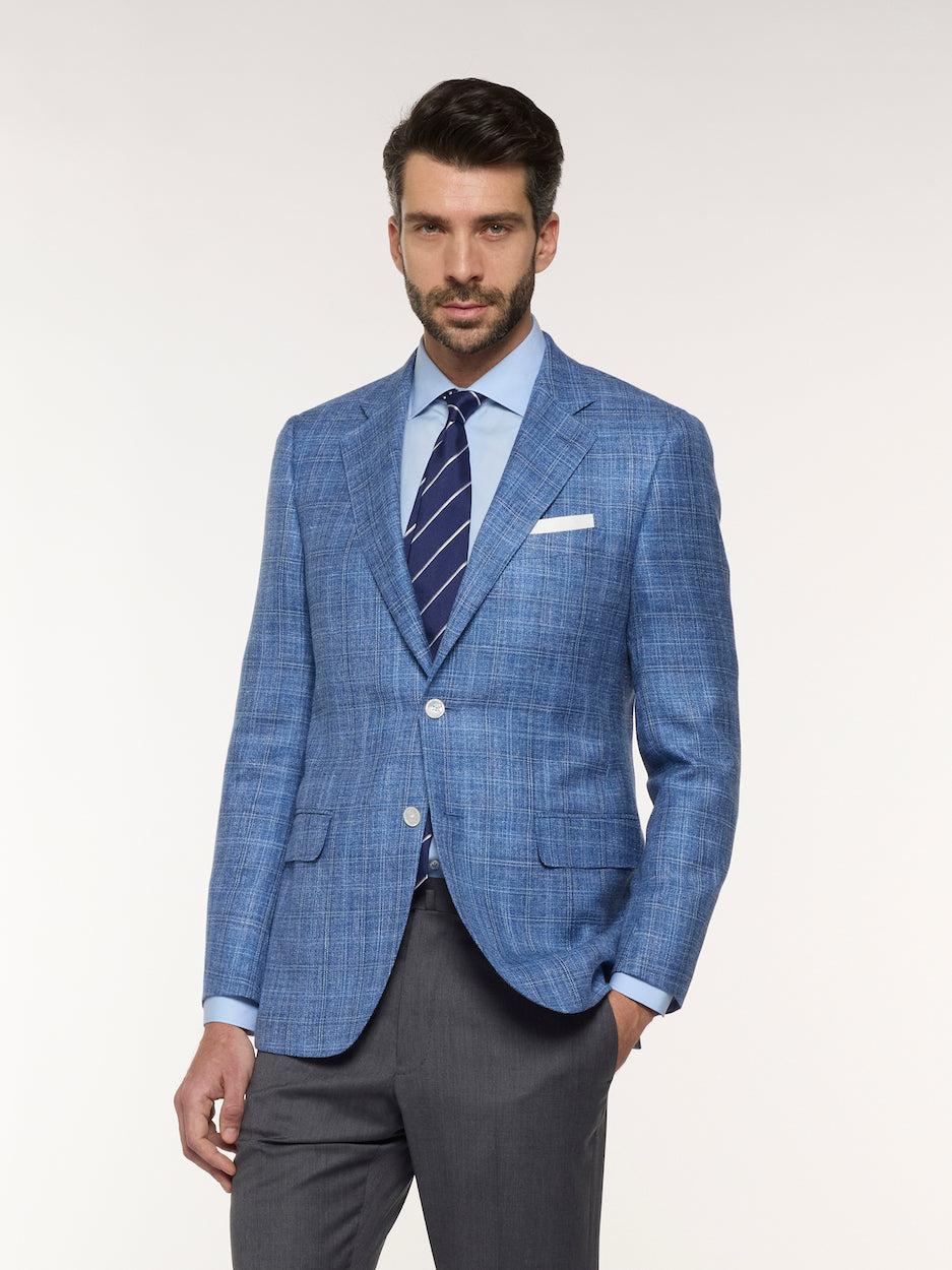 Caruso Menswear Abbigliamento Uomo Giacche Giacca macbeth in lana seta lino quadri azzurra look 3