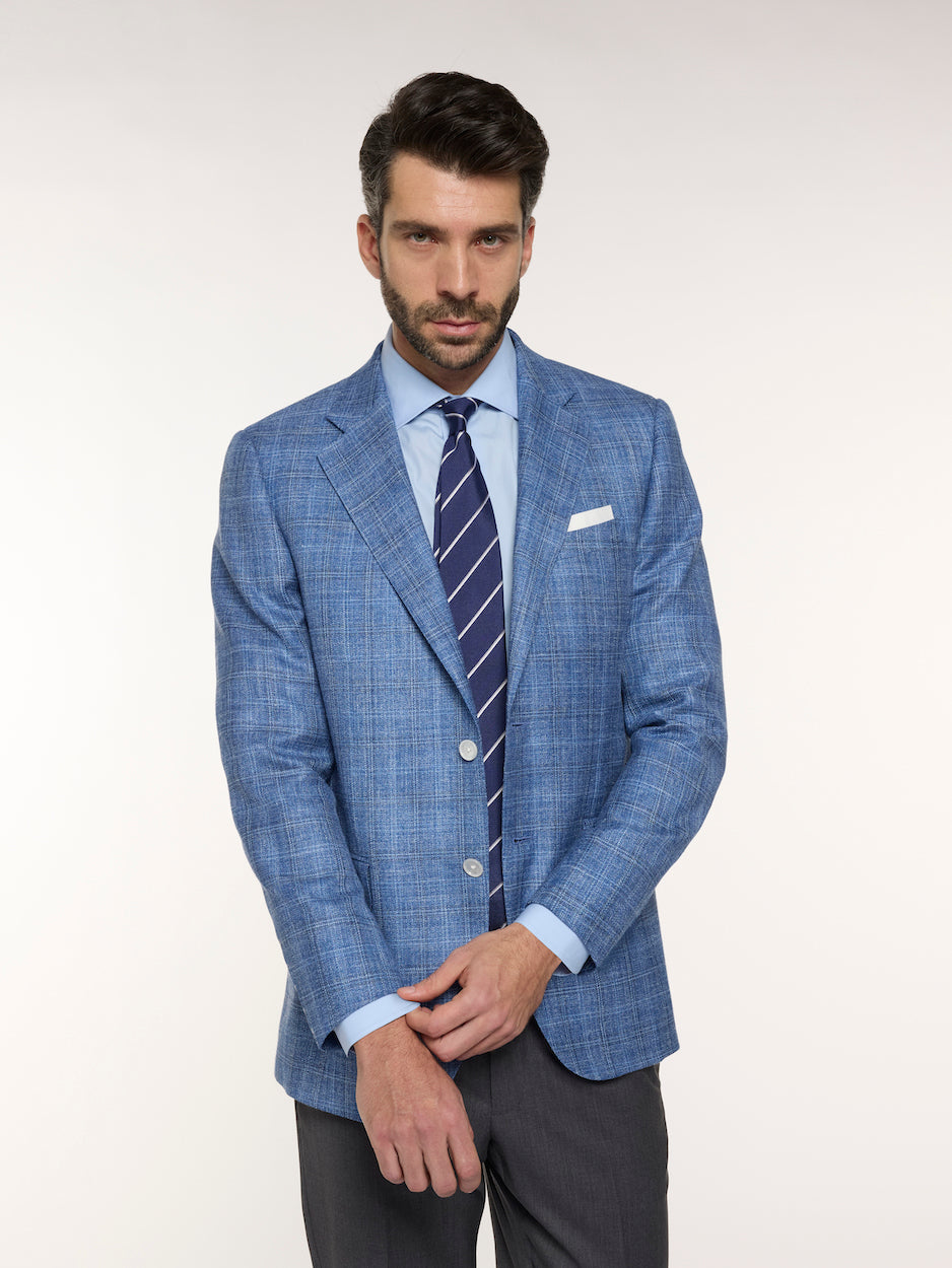 Caruso Menswear Abbigliamento Uomo Giacche Giacca macbeth in lana seta lino quadri azzurra look 5
