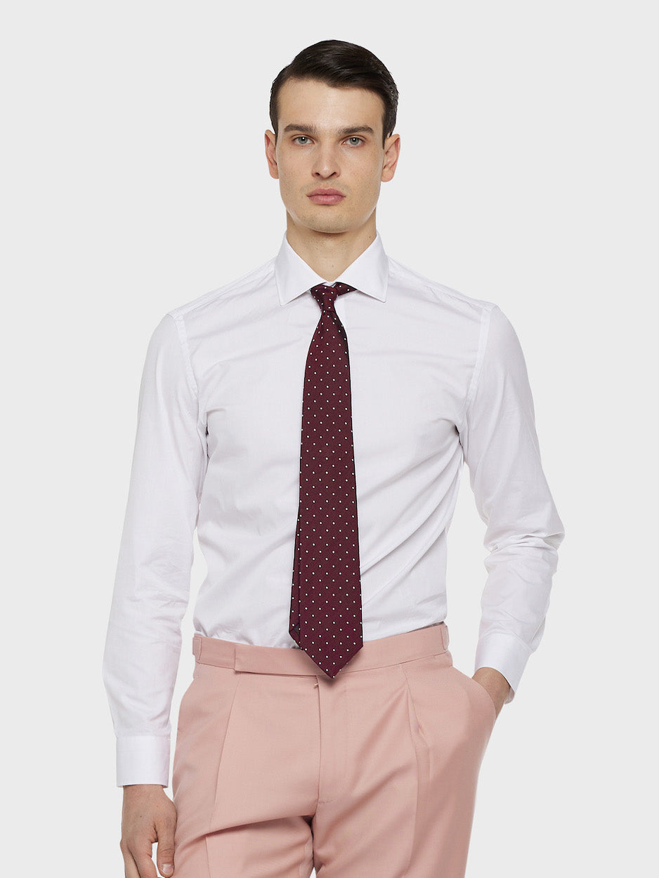 Caruso Menswear Abbigliamento Uomo Cravatte Cravatta in seta jacquard a pois bordeaux look 2