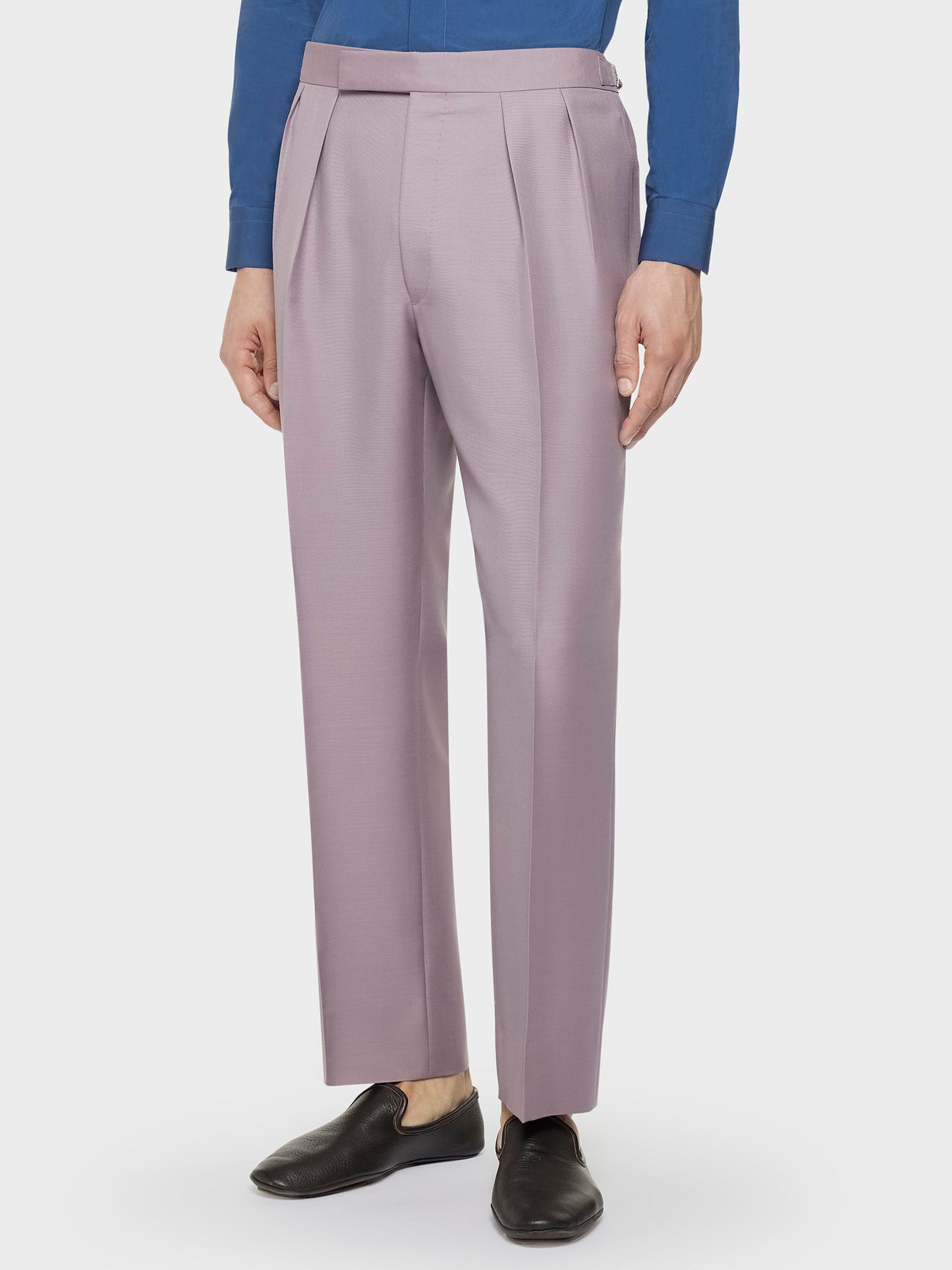 Caruso Menswear Abbigliamento Uomo Pantaloni Pantalone a vita alta in lana mohair e seta malva look 1