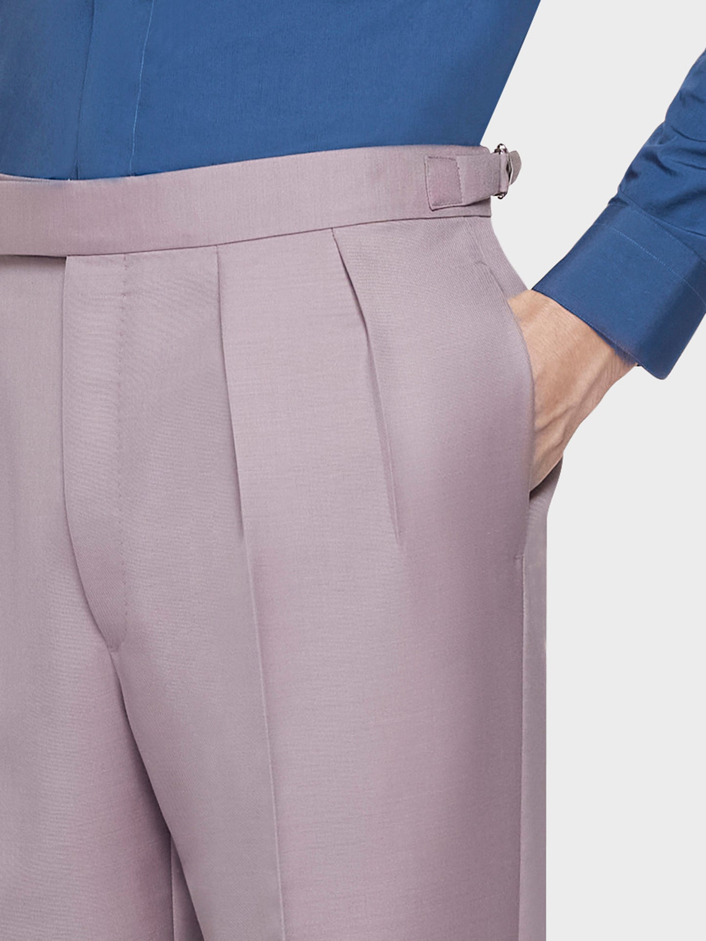 Caruso Menswear Abbigliamento Uomo Pantaloni Pantalone a vita alta in lana mohair e seta malva look 5