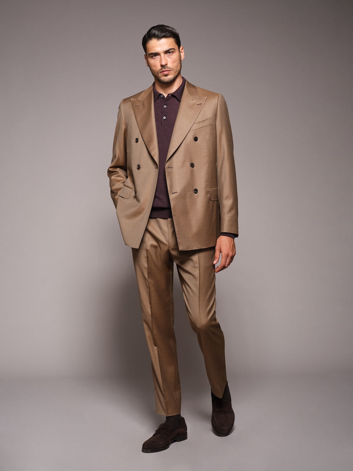 Polo a maniche lunghe in lana, seta e cashmere bordeaux