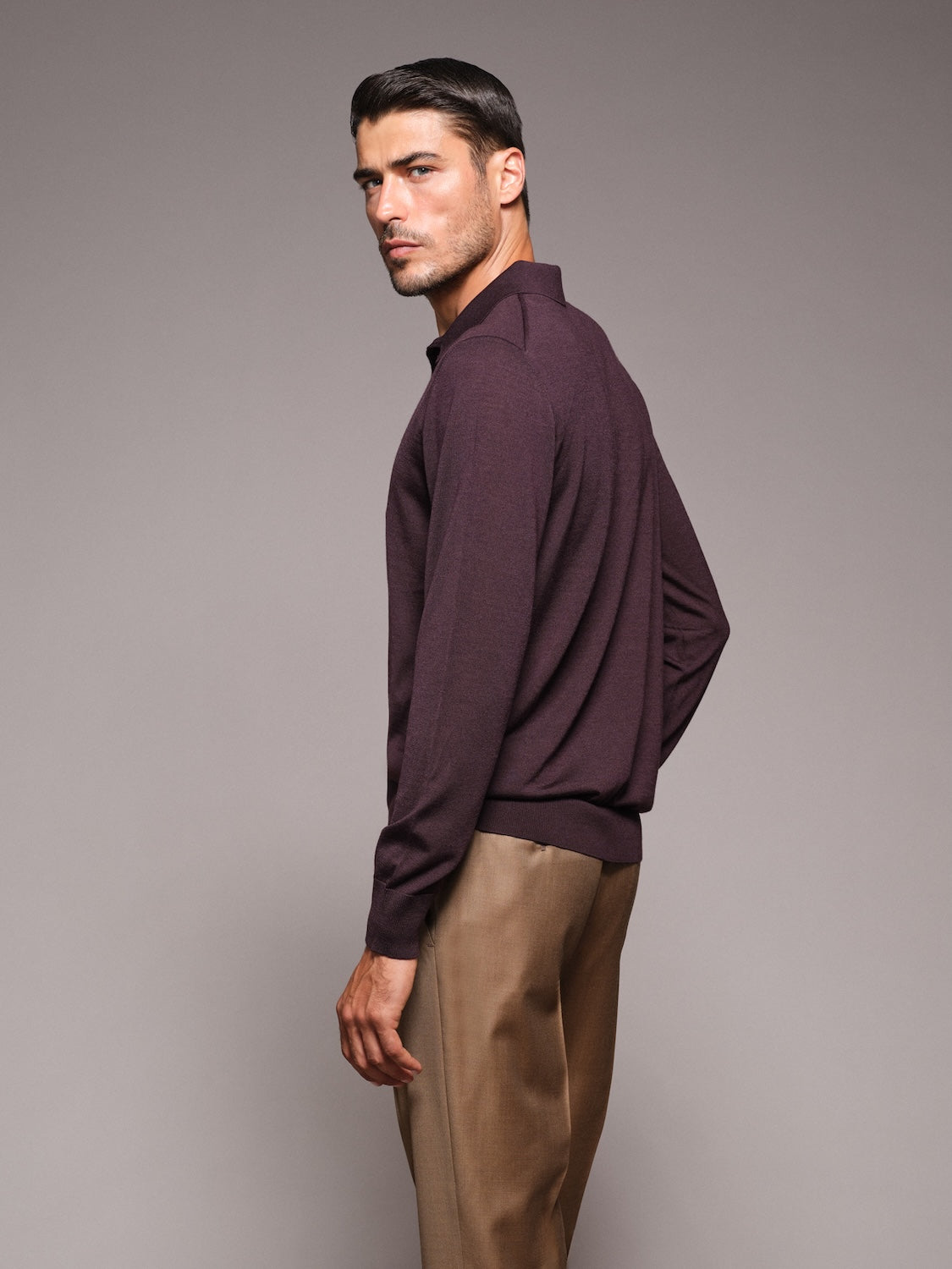 Polo a maniche lunghe in lana, seta e cashmere bordeaux