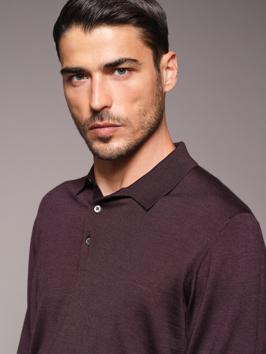 Polo a maniche lunghe in lana, seta e cashmere bordeaux