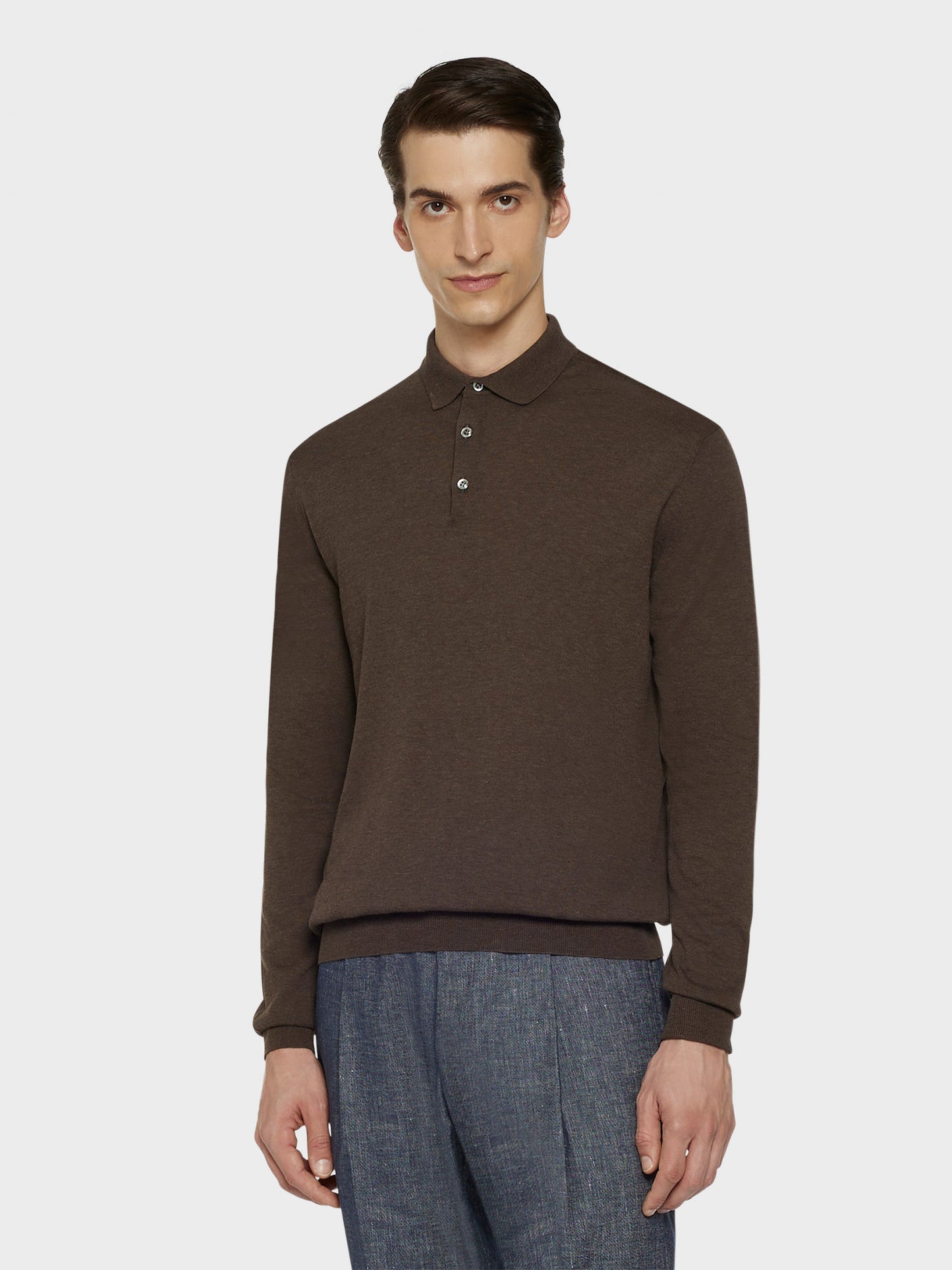 Caruso Menswear Abbigliamento Uomo Maglieria Polo a maniche lunghe in cotone marrone look 1