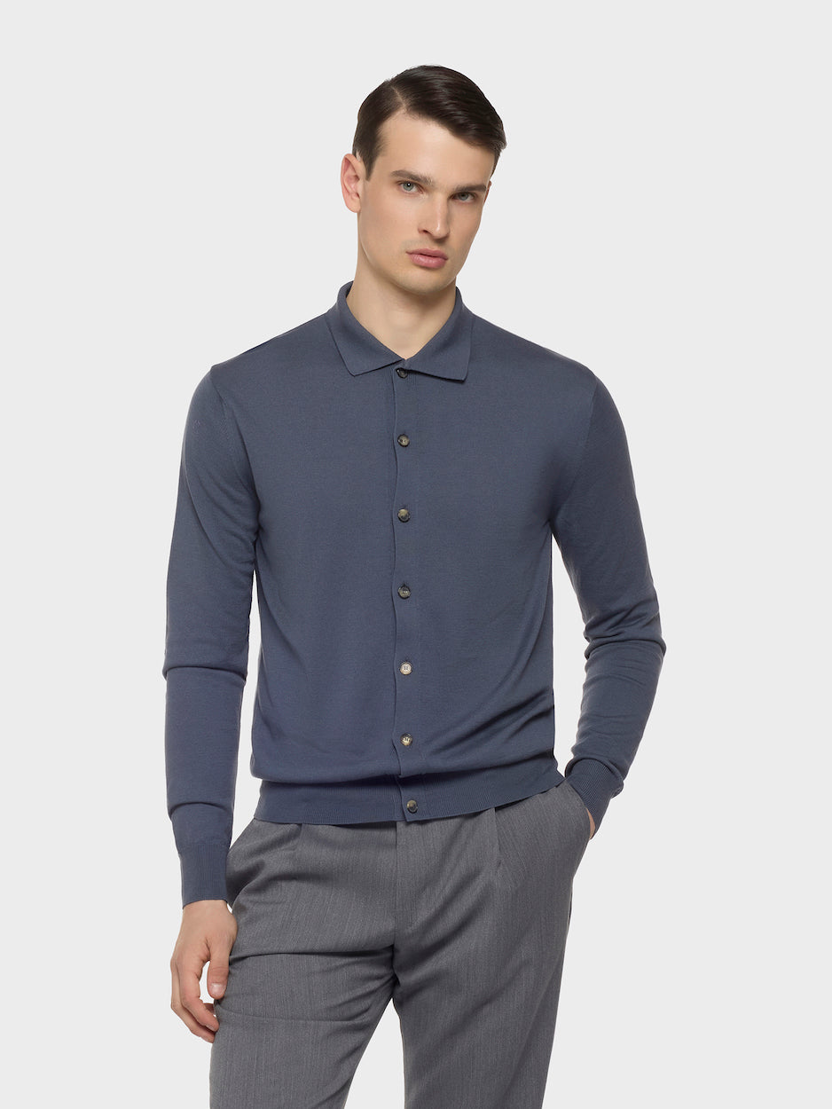 Caruso Menswear Abbigliamento Uomo Polo Polo a maniche lunghe in cotone azzurra look 3
