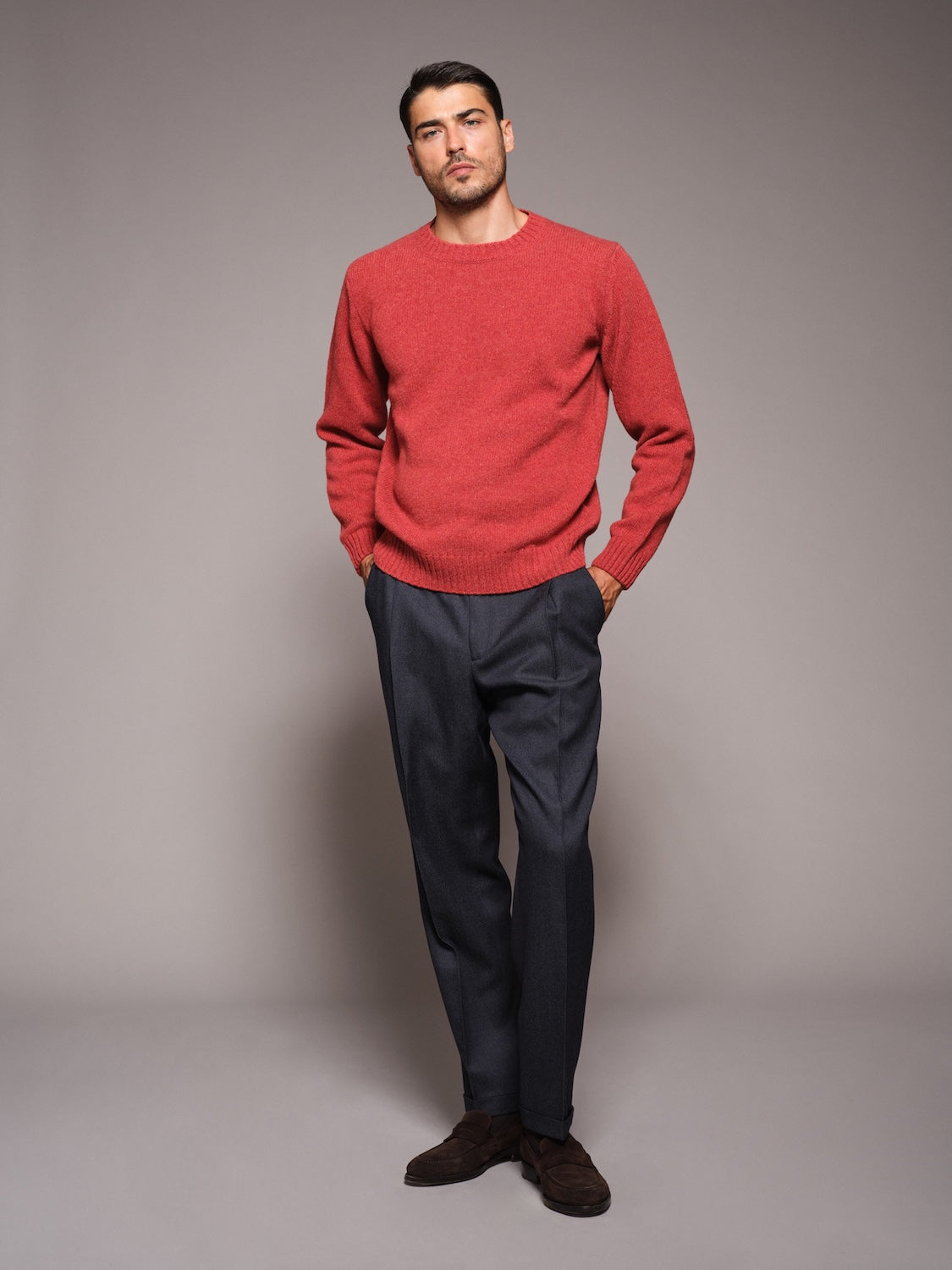 Maglia girocollo in lana Shetland rossa