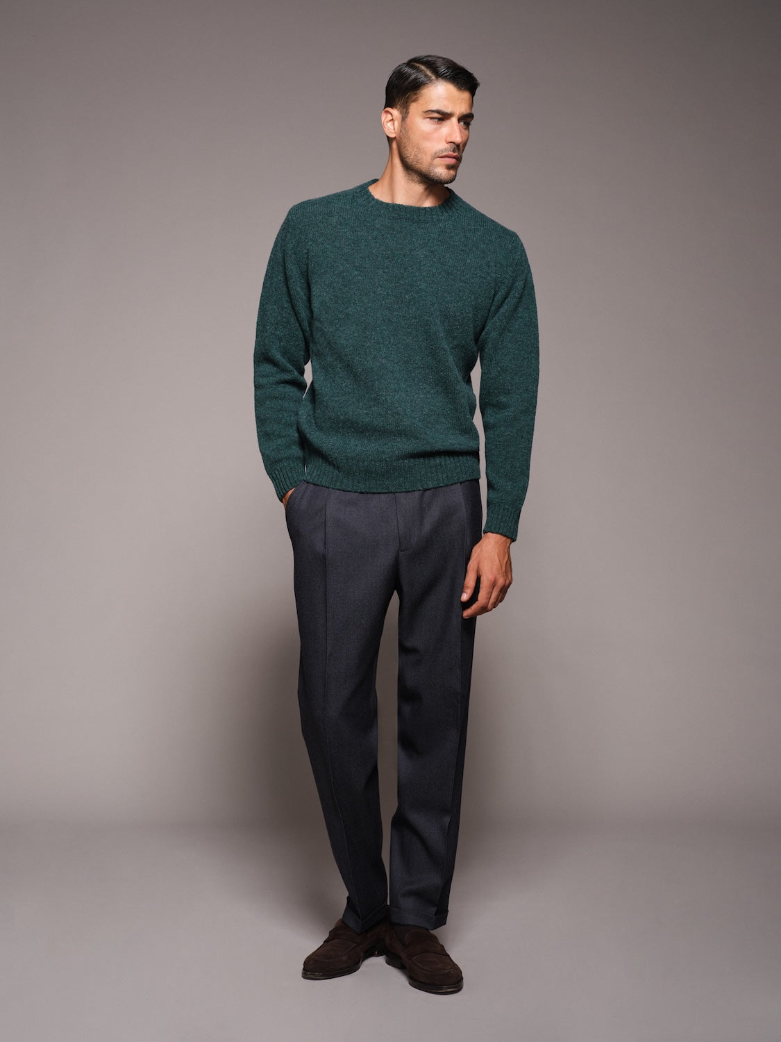 Maglia girocollo in lana Shetland verde