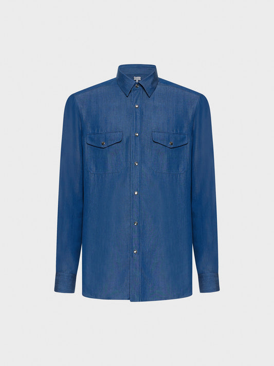 Caruso Menswear Abbigliamento Uomo Camicia in tencel blu denim still