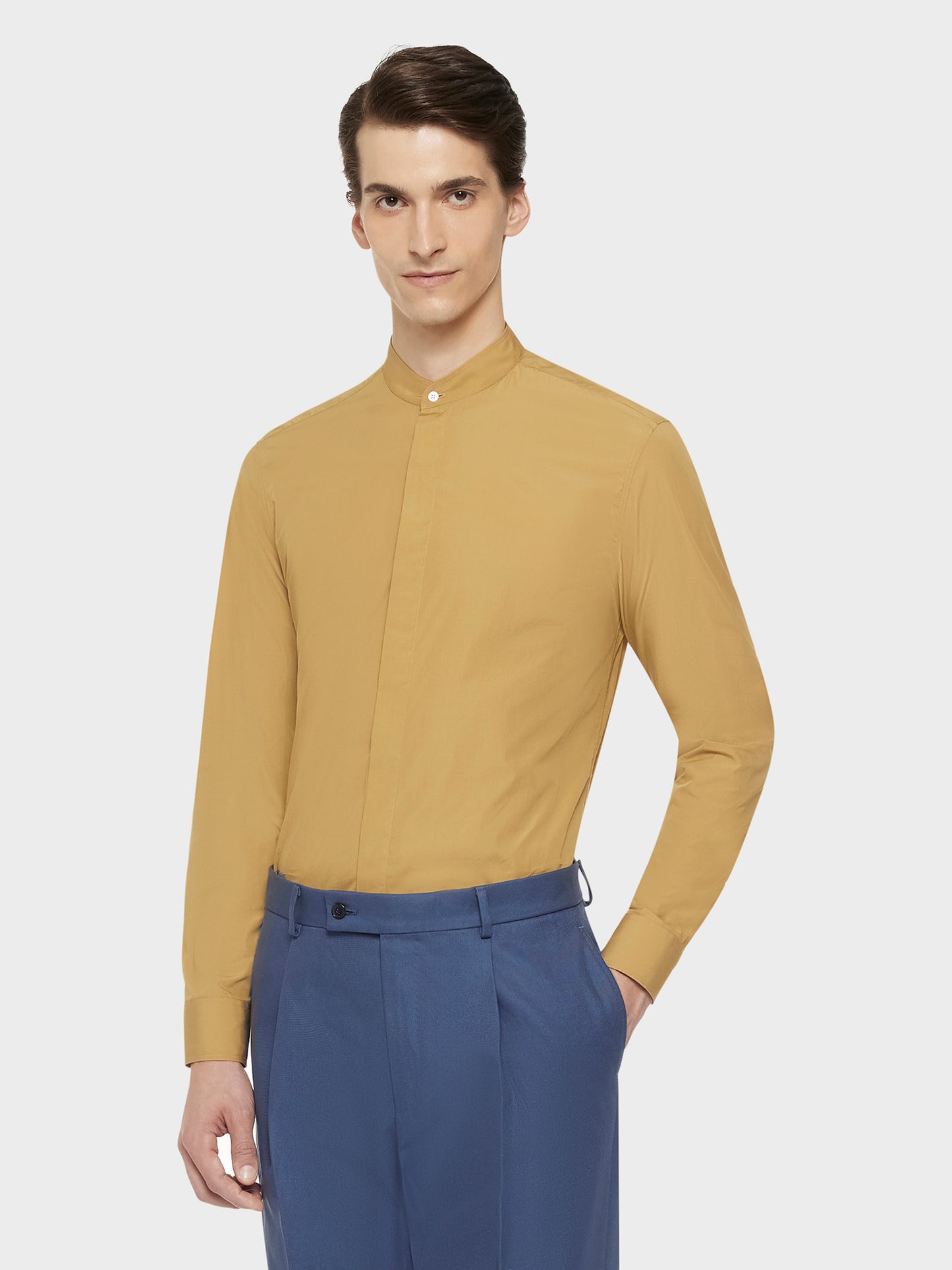 Caruso Menswear Abbigliamento Uomo Camicie Camicia coreana in cotone cammello look 1