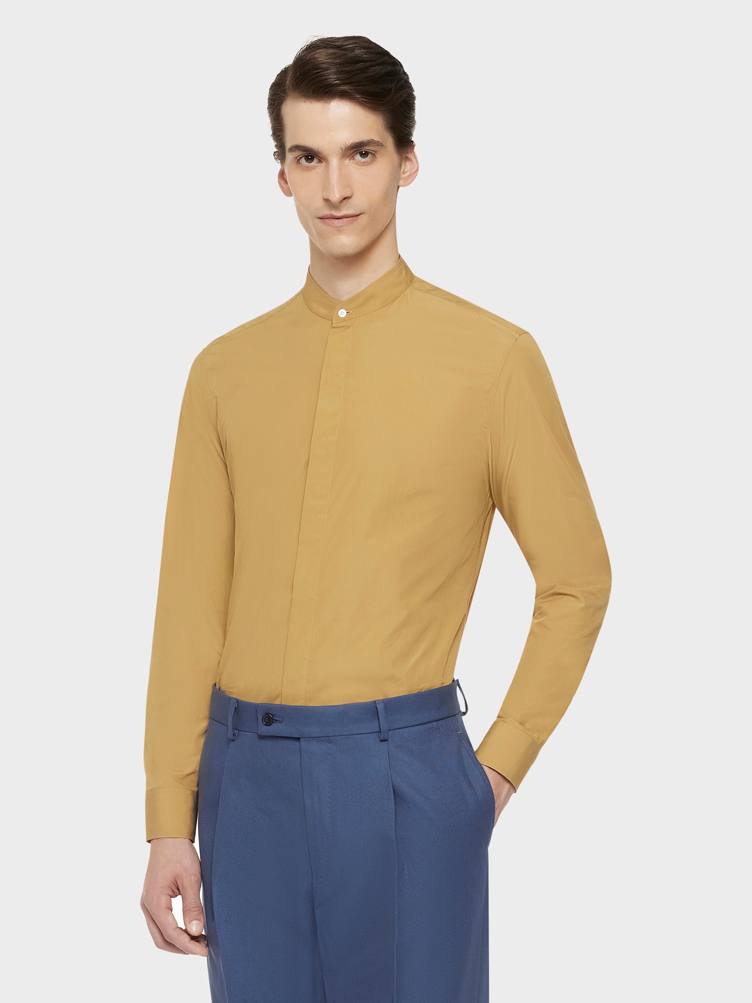 Caruso Menswear Abbigliamento Uomo Camicie Camicia coreana in cotone cammello look 1