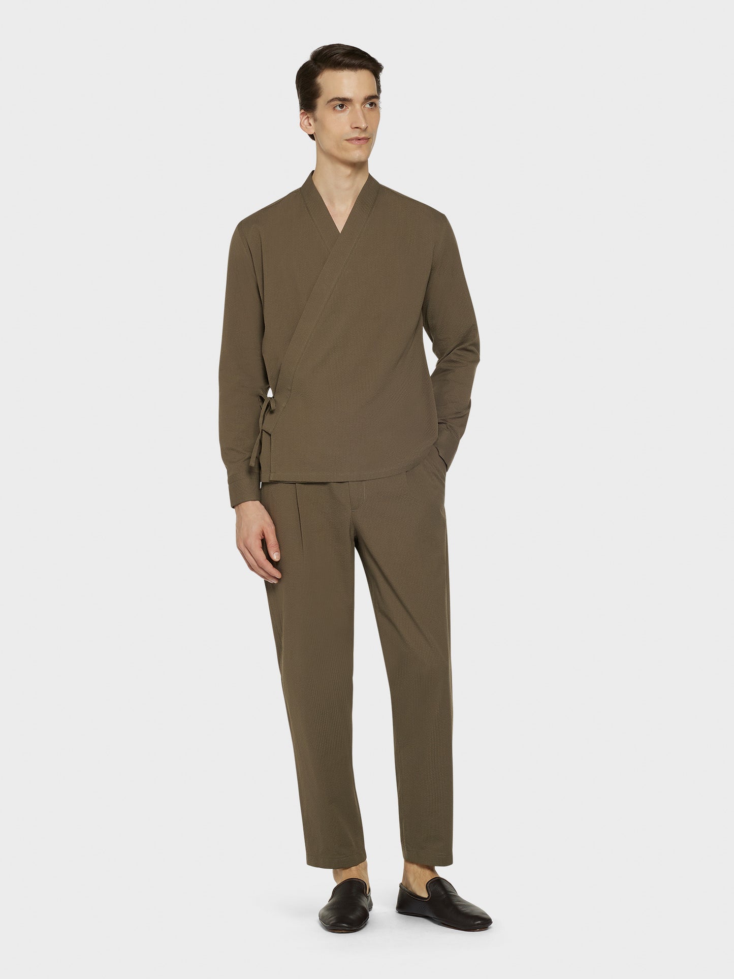 Caruso Menswear Abbigliamento Uomo Overshirt Overshirt kimono in seersucker di cotone verde look 3