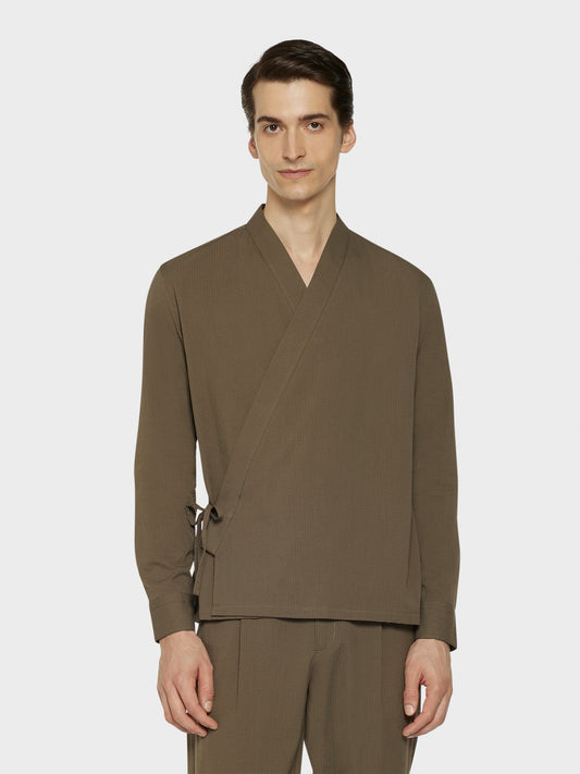 Caruso Menswear Abbigliamento Uomo Overshirt Overshirt kimono in seersucker di cotone verde look 1