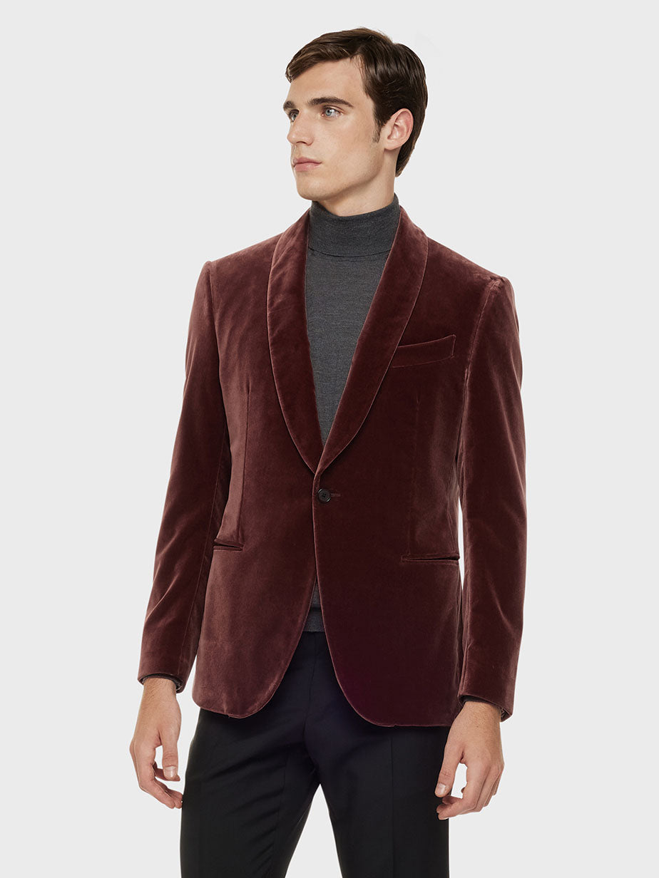 Caruso Menswear Abbigliamento Uomo Giacca da sera manon in velluto bordeaux indossato front