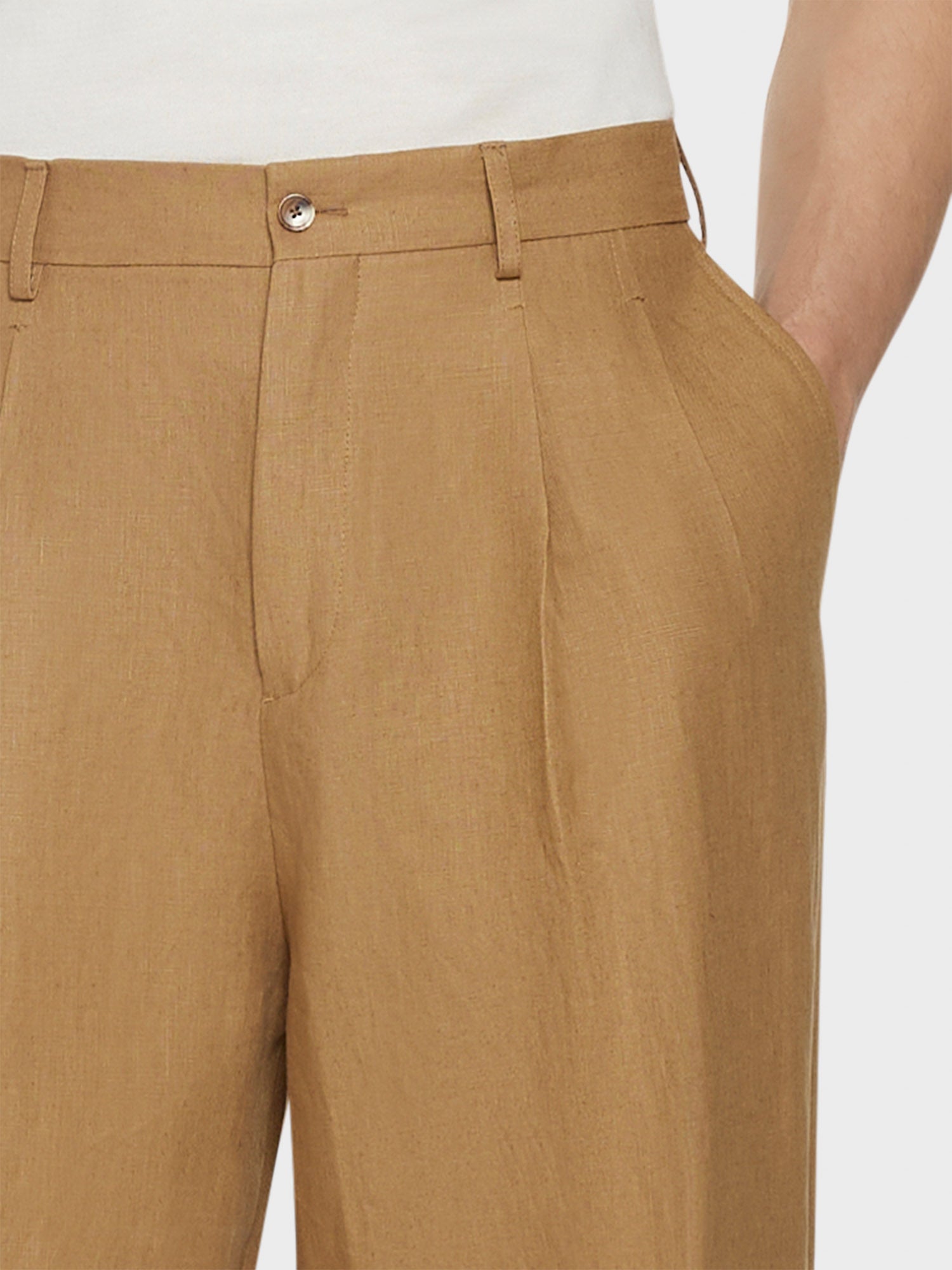 Caruso Menswear Abbigliamento Uomo Pantaloni Pantalone ampio in lino irlandese color cammello look 5