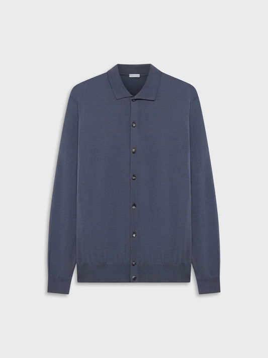 Polo cardigan a maniche lunghe in seta e cotone blu