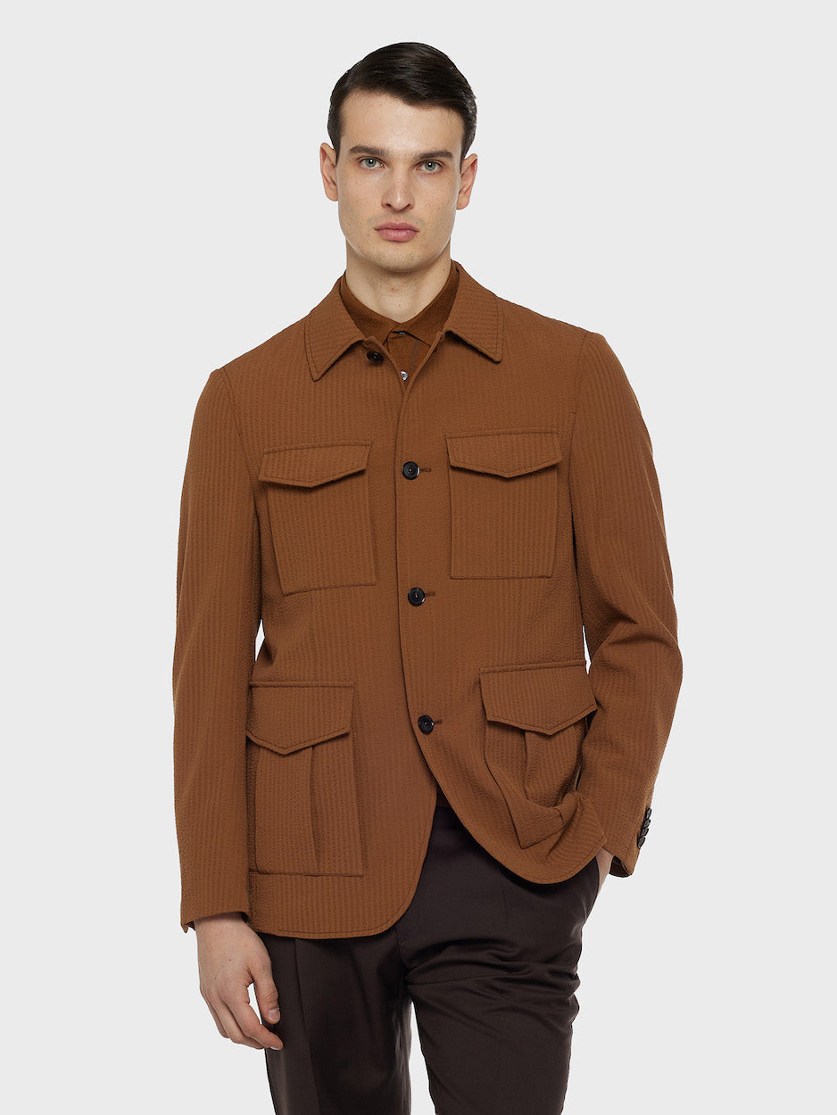 Caruso Menswear Abbigliamento Uomo Giacche Giacca sahariana in seersucker di lana beige look 3
