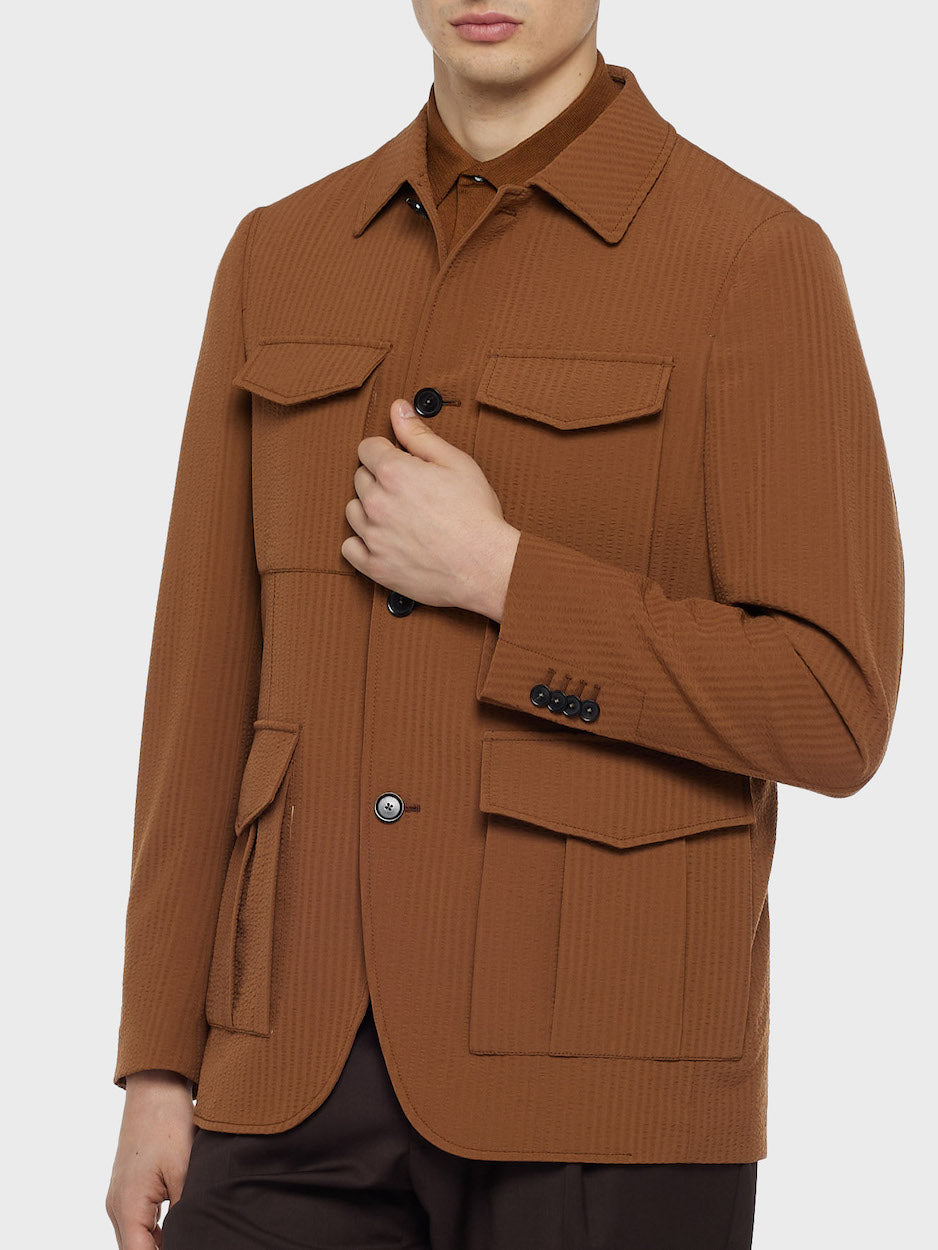 Caruso Menswear Abbigliamento Uomo Giacche Giacca sahariana in seersucker di lana beige look 5