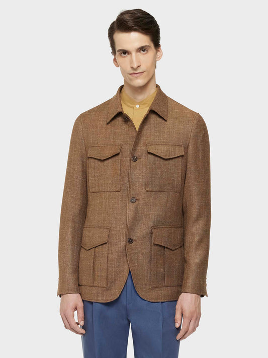 Caruso Menswear Abbigliamento Uomo Giacche Giacca sahariana in lana, seta e lino beige look 3