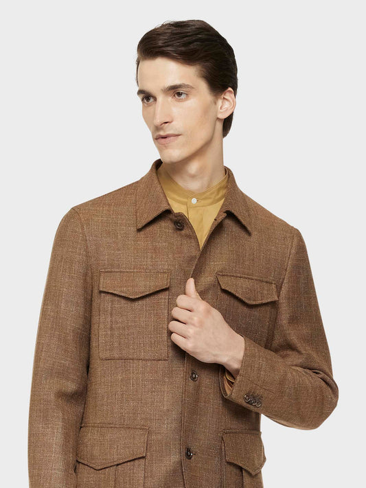 Caruso Menswear Abbigliamento Uomo Giacche Giacca sahariana in lana, seta e lino beige look 5