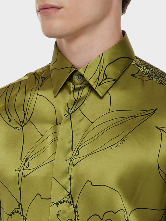 Caruso Menswear Abbigliamento Uomo Camicia in seta floreale nera dettaglio