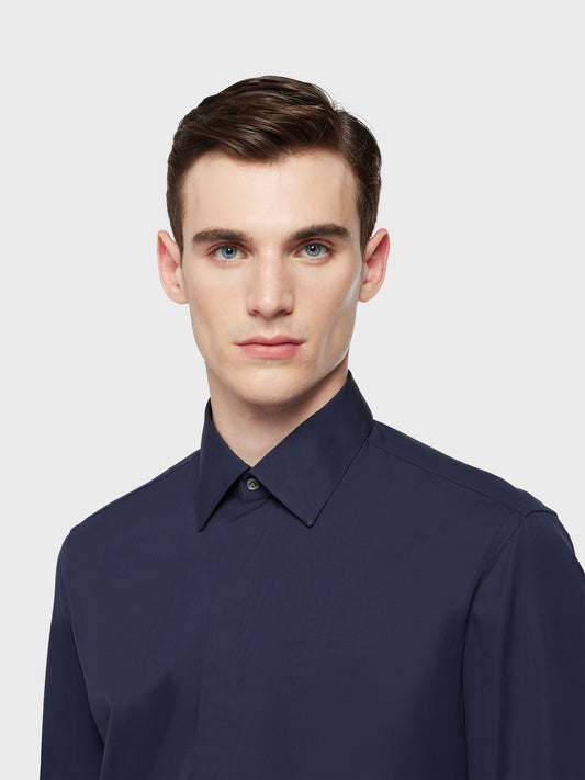 Caruso Menswear Abbigliamento Uomo Camicia slim in cotone blu dettaglio
