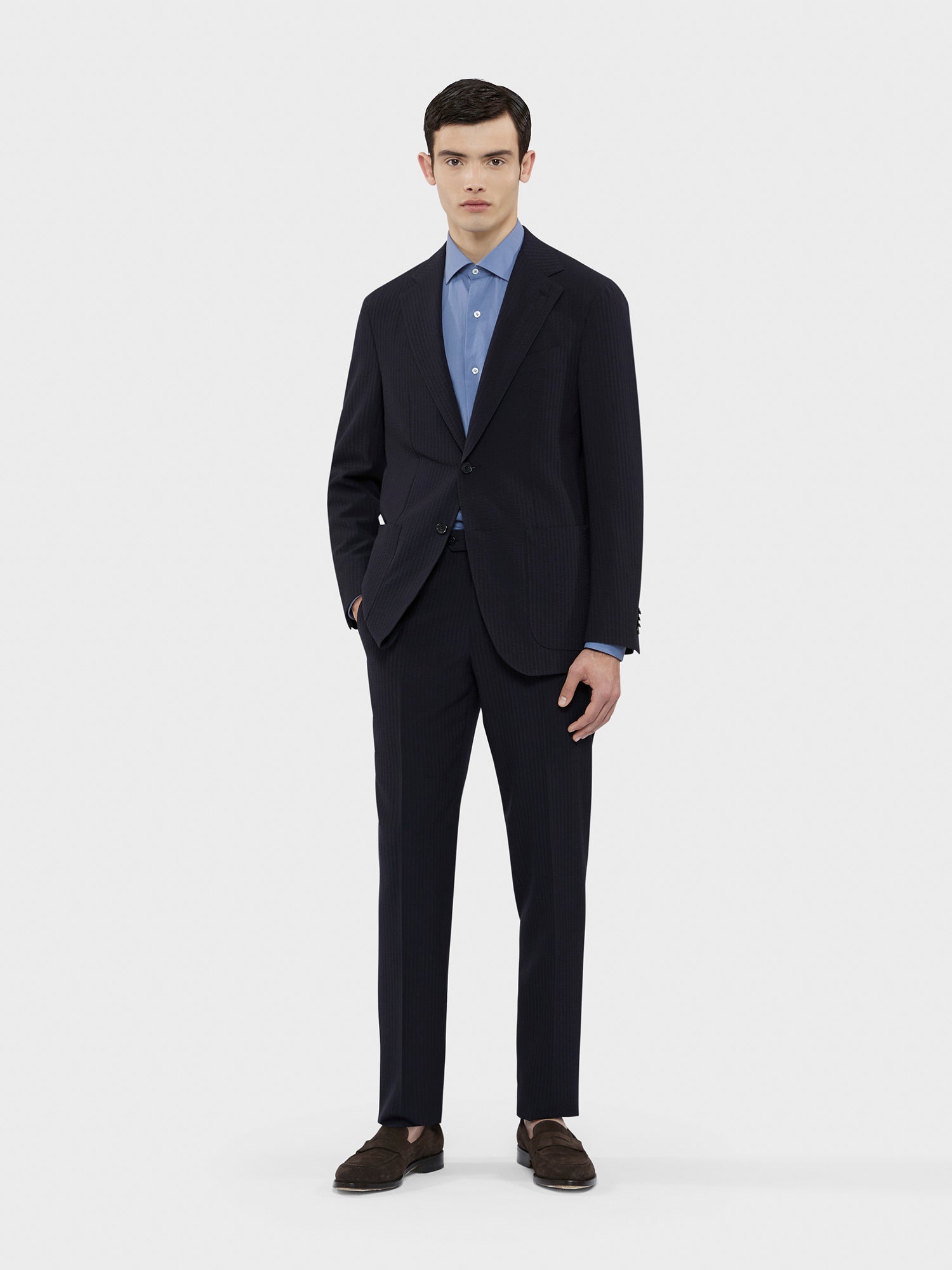 Caruso Menswear Abbigliamento Uomo Abito Aida in Seersucker di lana blu drop 8R total look