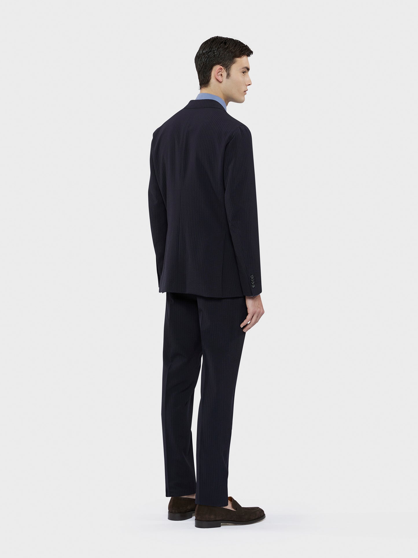 Caruso Menswear Abbigliamento Uomo Abito Aida in Seersucker di lana blu drop 8R indossato back
